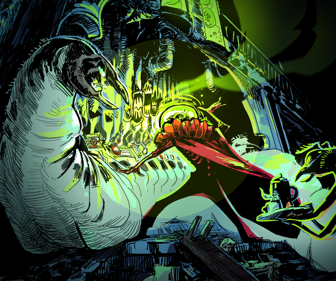 A skeleton in a very dramatic cape and bubble helmet plays wildly at the console of a mechanical organ built into the side of a large grub.