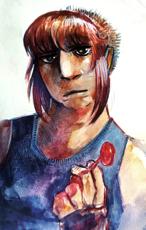 a serious-looking woman holding a red lollipop.