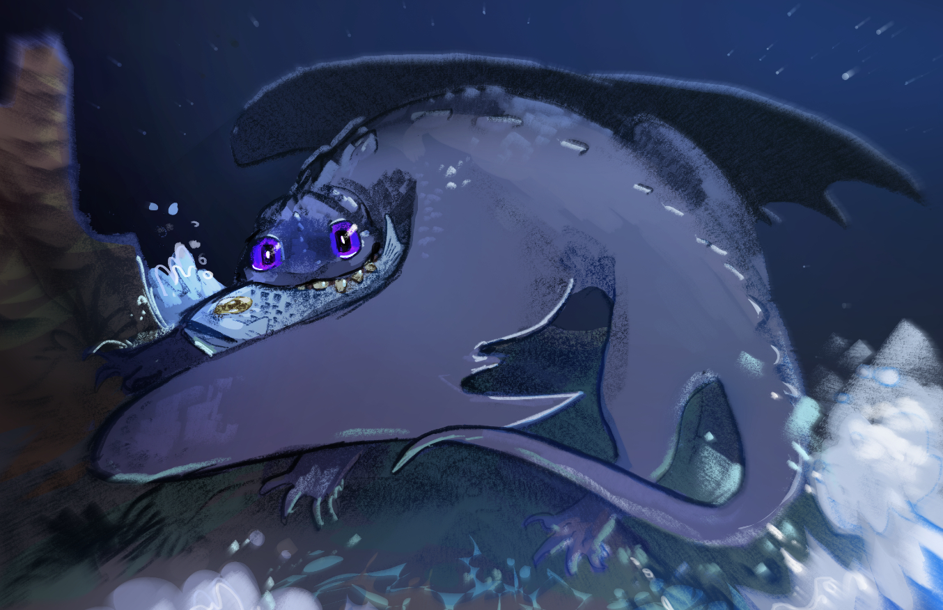 a night fury fan character caught after a swim.