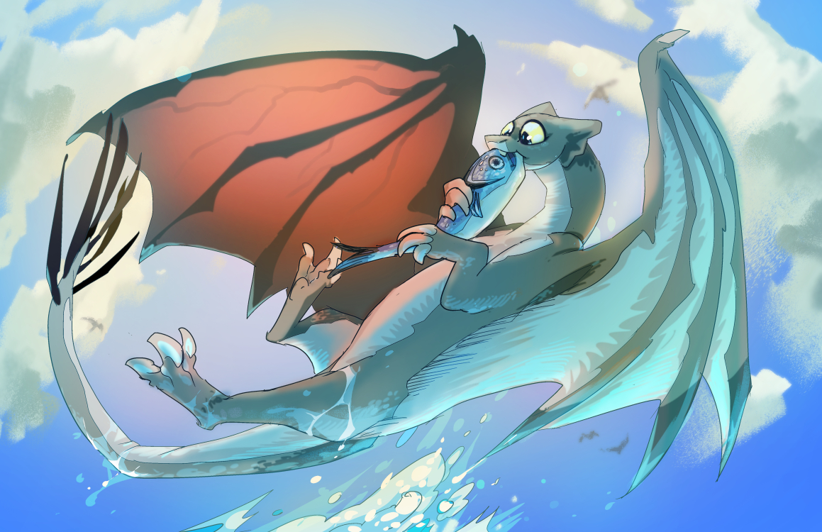 a cute cartoony blue dragon dives against the waves for a fish