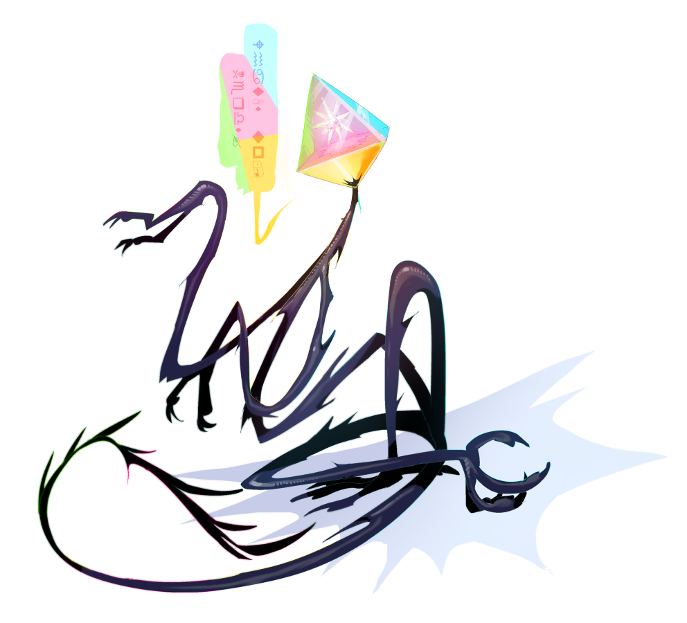 a strange prismatic creature with wiry limbs sits sassily.