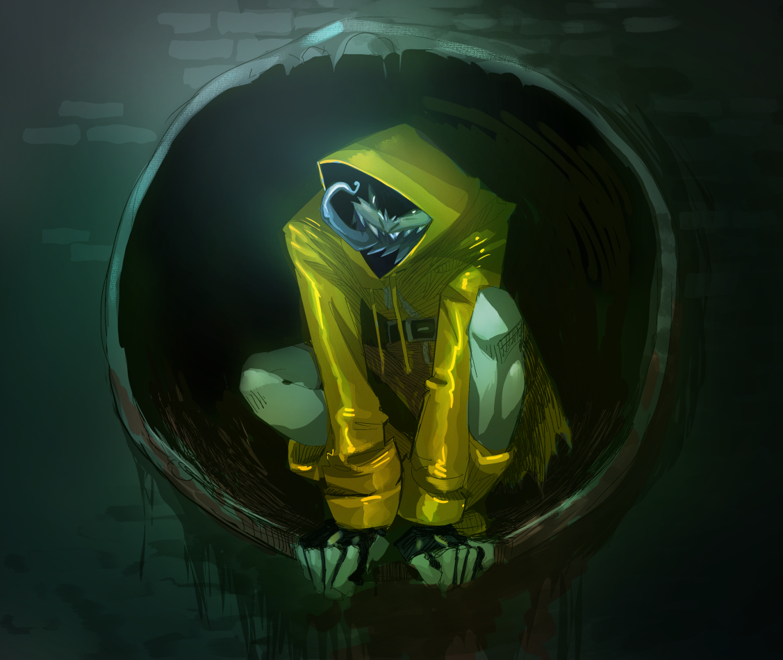 a cute but sinister nosferatu vampire lurks in a drainage pipe.