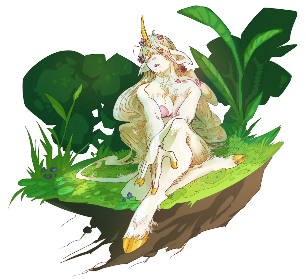 a beautiful anthro unicorn reclines on a floating island.