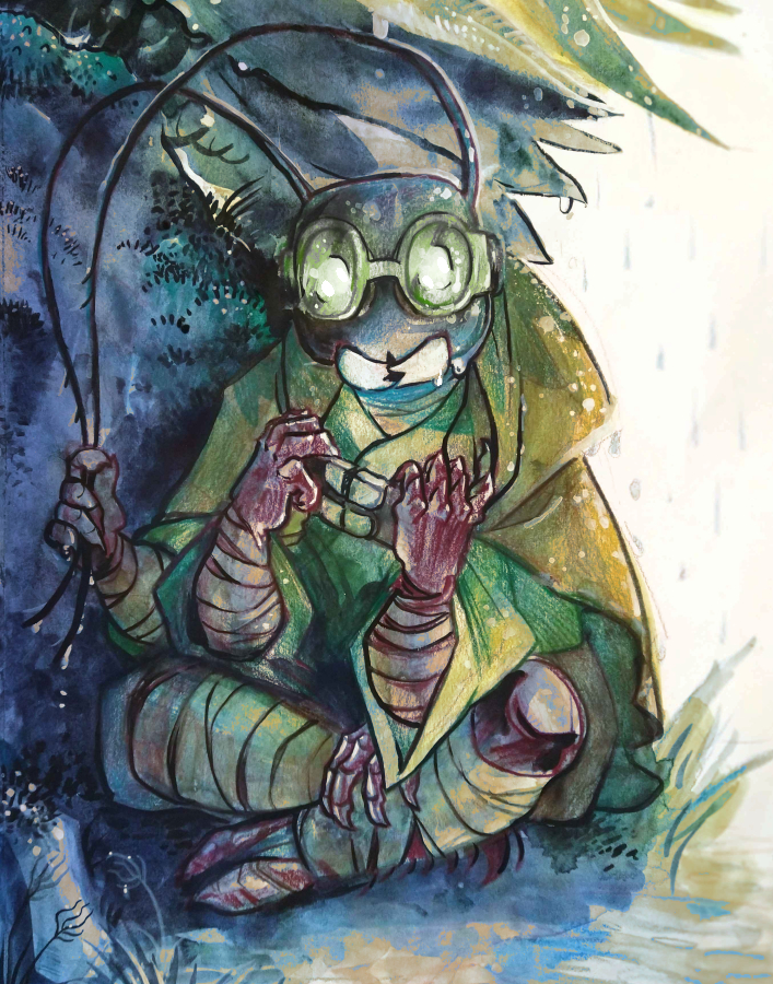 a little anthro cockroach person caught in a sudden rainshower.