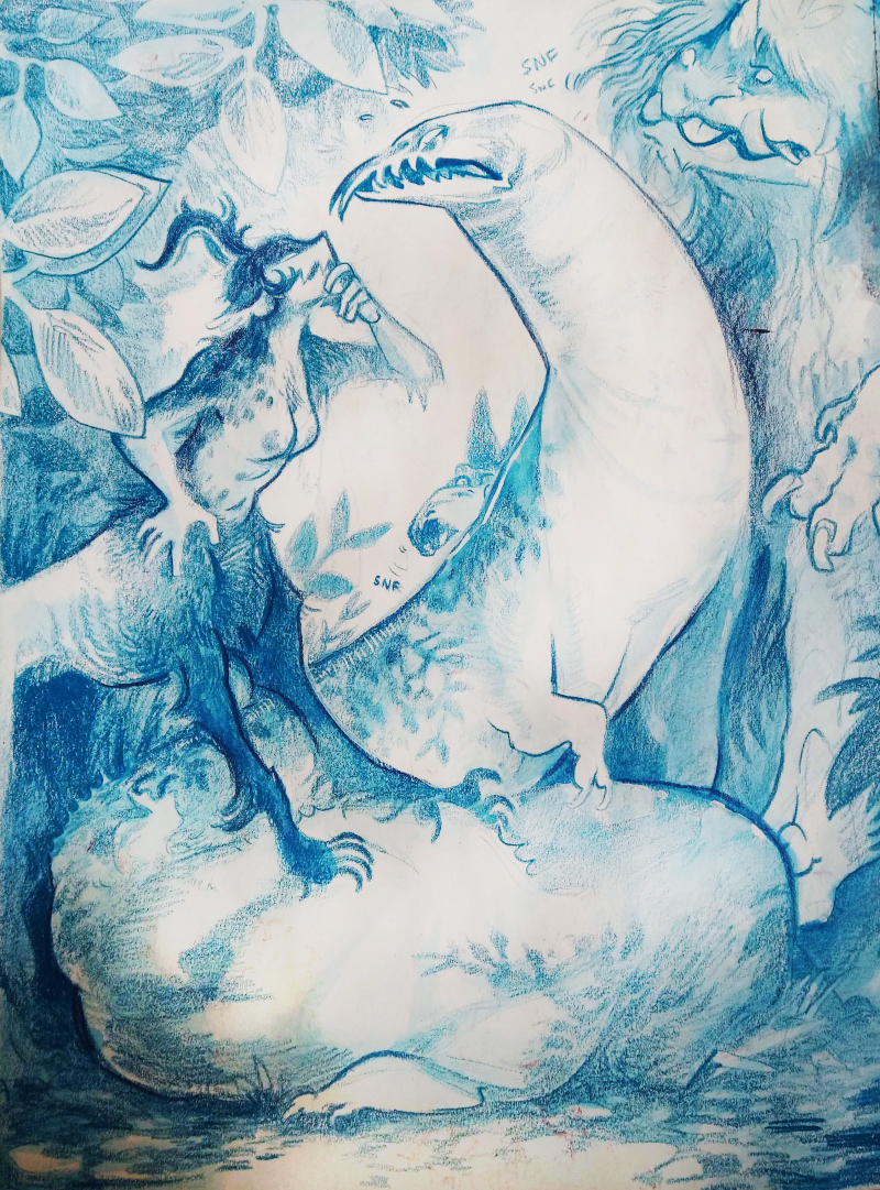 a wolfish centaur creature inspects a really big vampire worm critically.