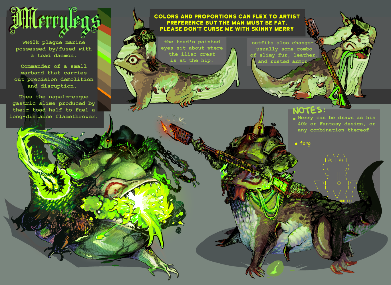 A reference for my character Merrylegs, a toad centaur with a flamethrower and a cute face.