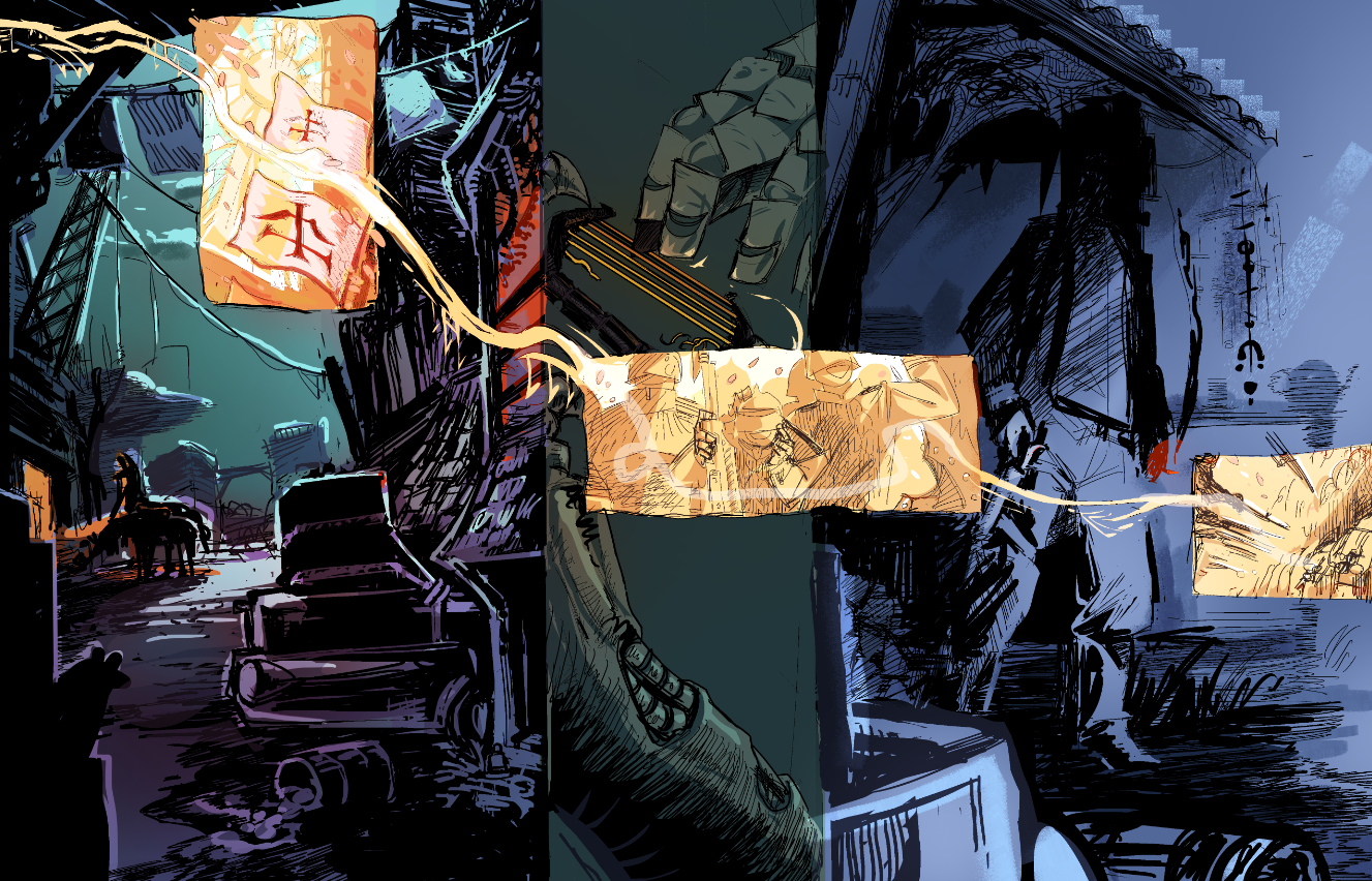 a short comic page illustrating a long, moody moment. A harp plucks out a golden memory of military service as the sky grows cold with the rising moon.