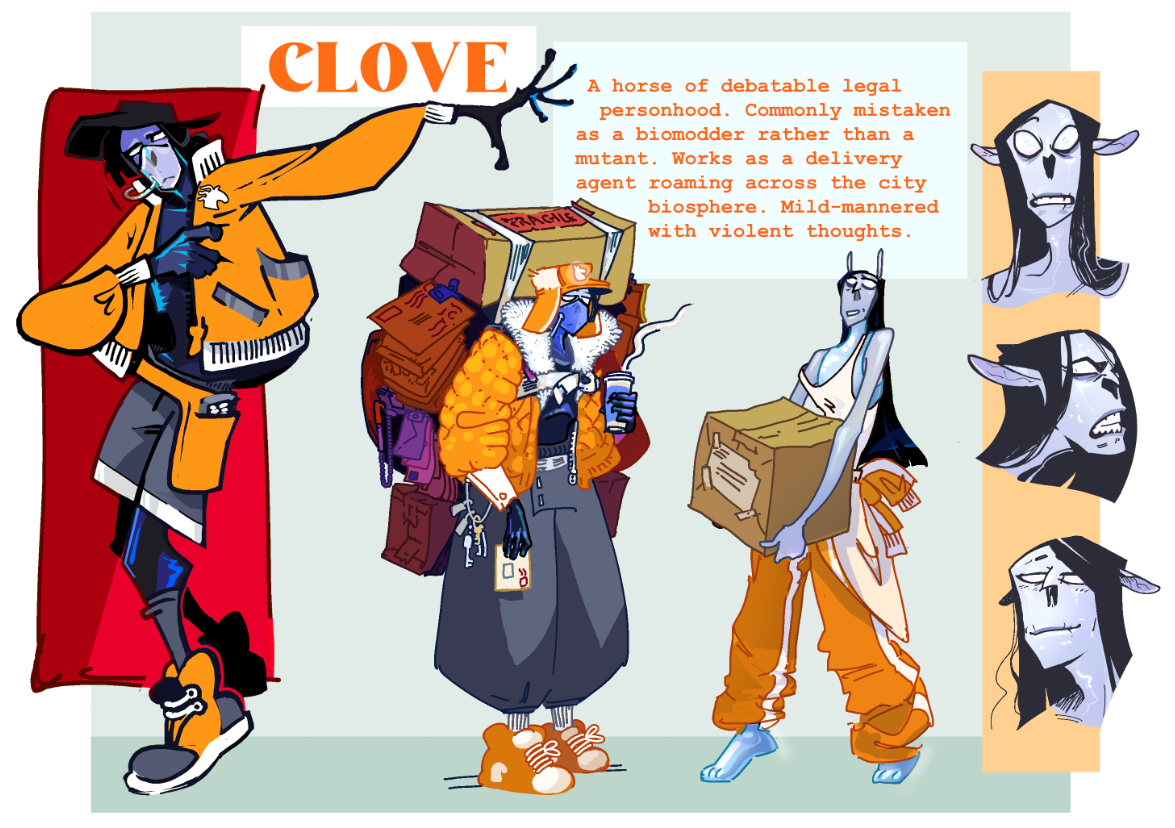 reference for my character Clove, a futuristic delivery worker with desaturated, skeletal features.